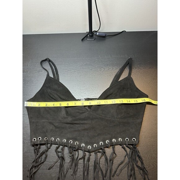 Poster Grl Dolls Kill RODEO TIES FRINGE BRA TOP Sz Large Faux Black Suede #1145 - Picture 9 of 9